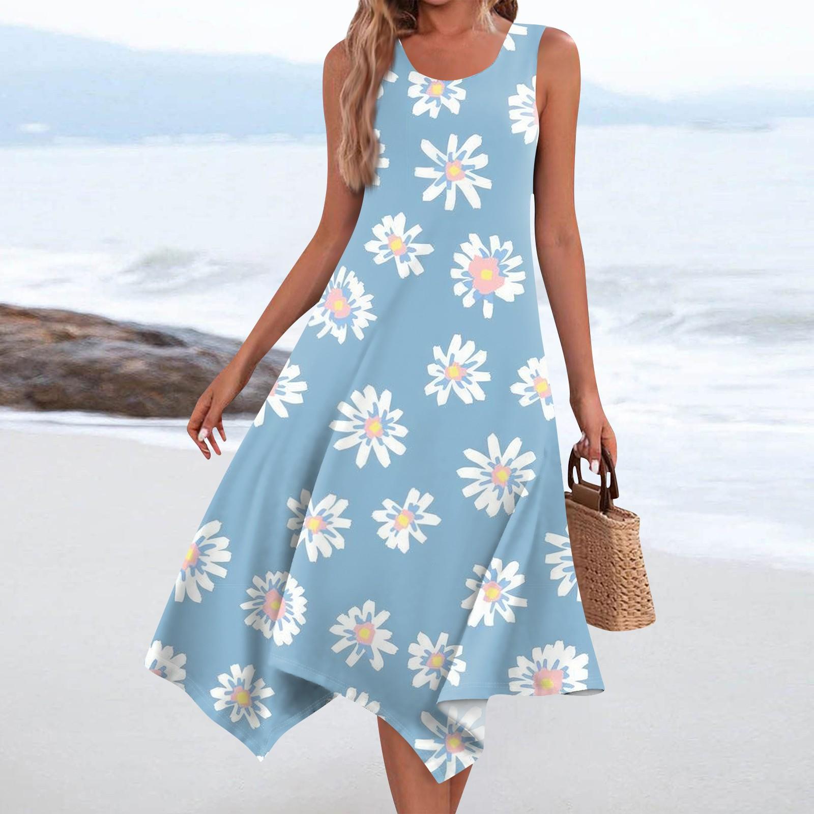 

Женское повседневное модное платье миди без рукавов с круглым вырезом и цветочным принтом, нерегулярный подол M