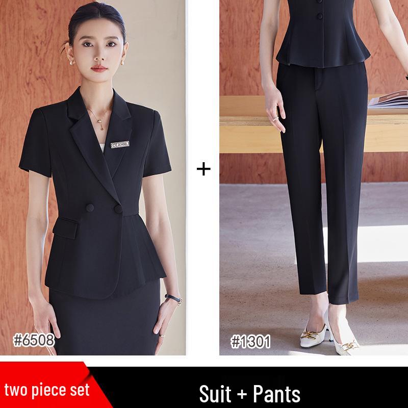 Women's Summer Short Sleeve Suit Set - Professional Skirt for Hotel Front Desk or Jewelry Store Workwear