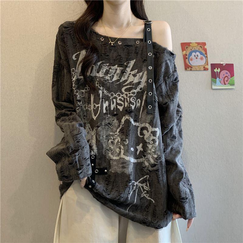 Asymetryczny, podarty T-shirt Plus Size z odkrytymi ramionami: Wyszczuplający top z długim rękawem na wiosnę/jesień