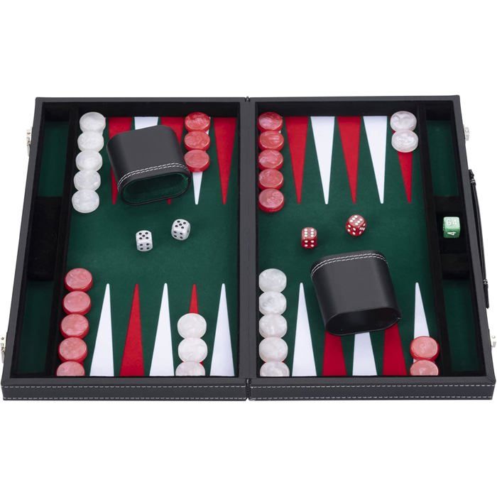 Backgammon de Luxe 18" 45,5 cm- Haute qualité -Simili Cuir, Feutre spécial incrusté, jetons et dés nacrés (Blanc/Rouge/vert))