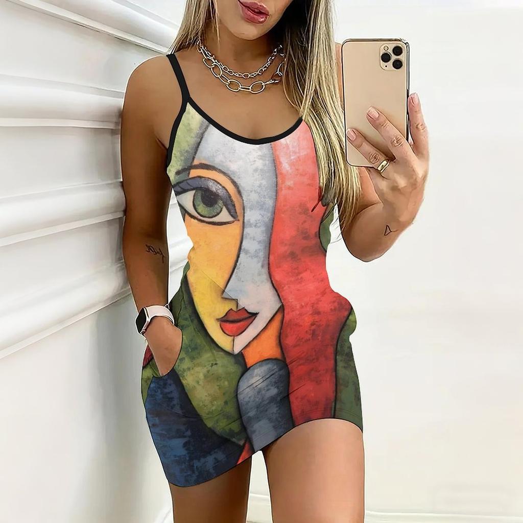 Robe moulante sans manches à imprimé géométrique style estival nouveau avec poches Sexy Coupe ajustée Élégante Robe de soirée
