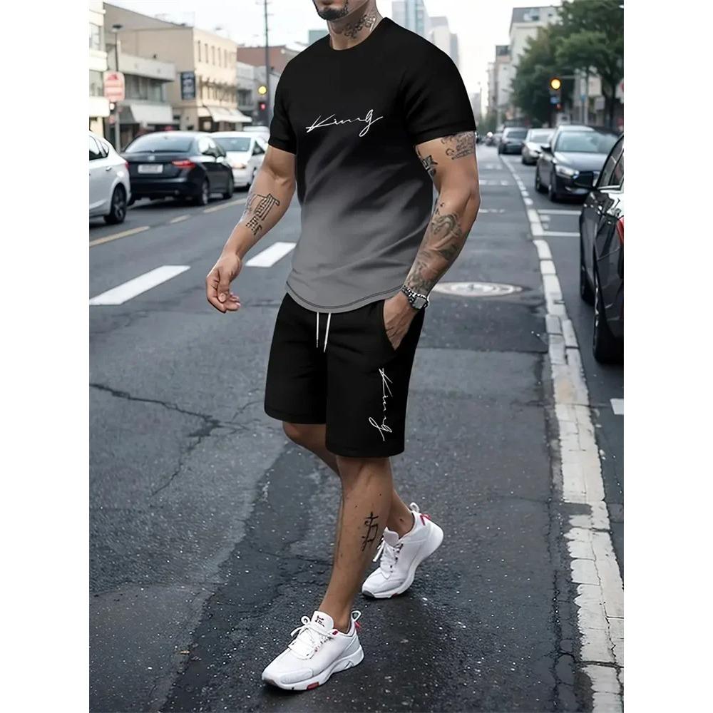Summer Men's 3D Gradual Change Printed Sports Suit Fashionable Versatile Breathable Casual Trend