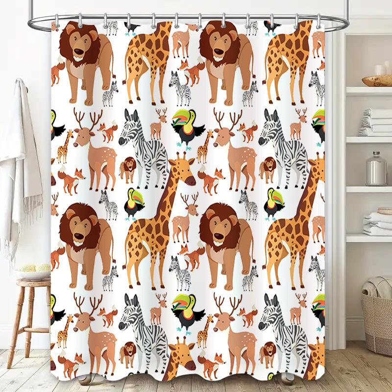 Animal Print Shower Curtain Cartoon Giraffe Lion Decorative Bath Rug With Hooks Set For Kids Bathroom Accessories Home Decoratio