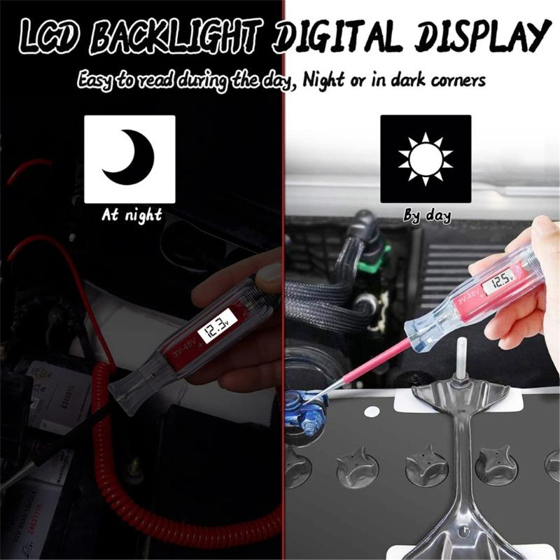 Heavy Duty 3-48V Digital LCD Circuit Tester with Spring Wire Truck Vehicle Low Voltage & Light Tester Metal Probes