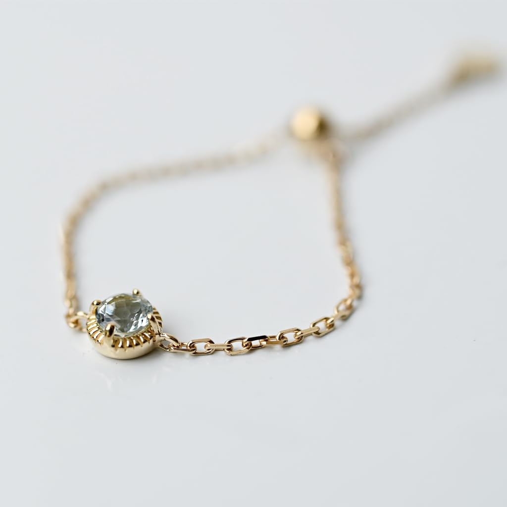 Soi March Birthstone Chain Ring with Aquamarine Yellow Gold One Size Fits Authentic Natural Stone Perfect for or as a Gift (10K / All) - Jewelry,