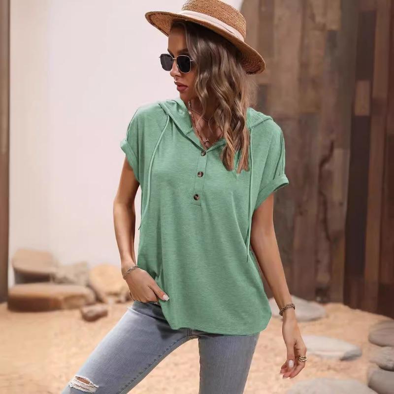 Summer 2025 Short Sleeve Loose Hooded T-shirt Women Elegant Button V Neck Slim Fit Casual T Shirt Woman Fashion Solid Simple Drawstring Lady Tee 26480