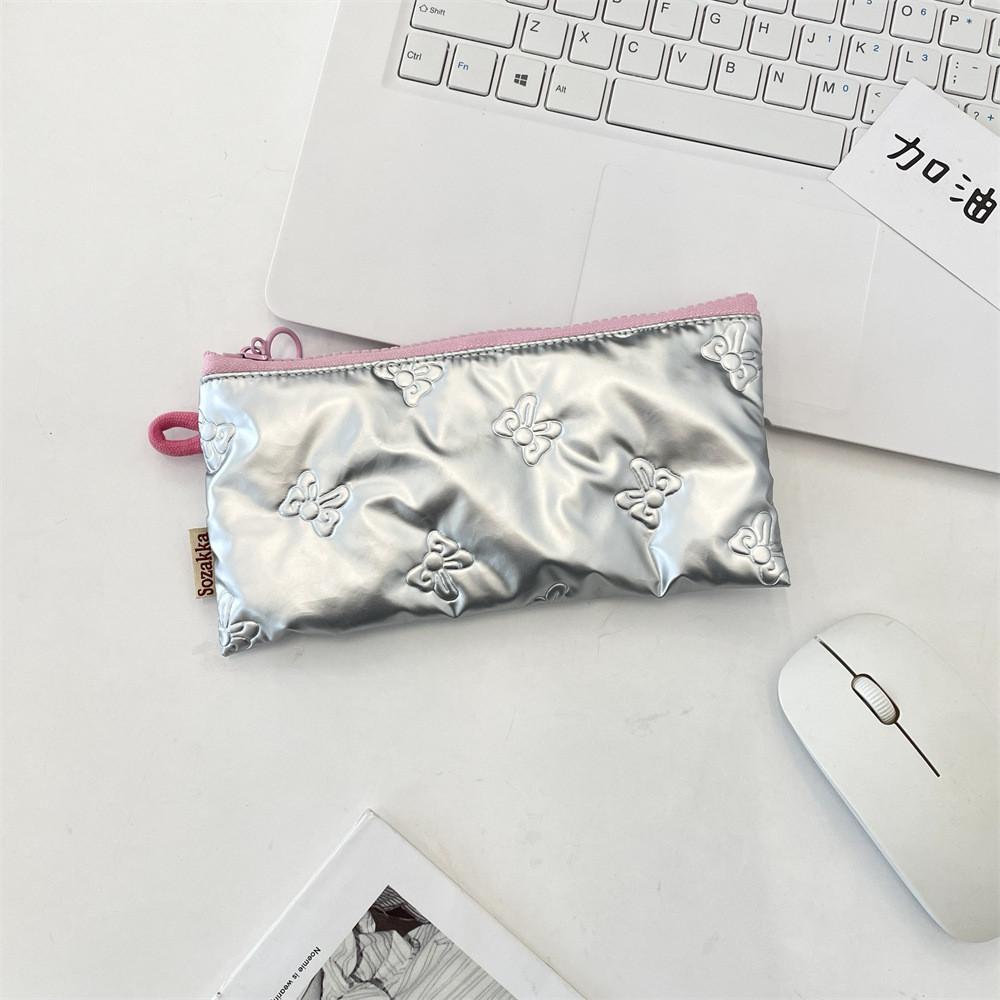 Classic Bowknot Pu Pencil Case With Zipper Closure For Students And Girls