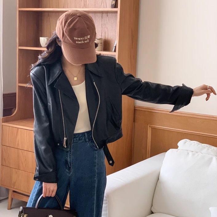 

2025 Trendy Coffee Lapel Motorcycle PU Leather Jacket for Women - Spring Autumn Outerwear XS 30-35 kg чорний