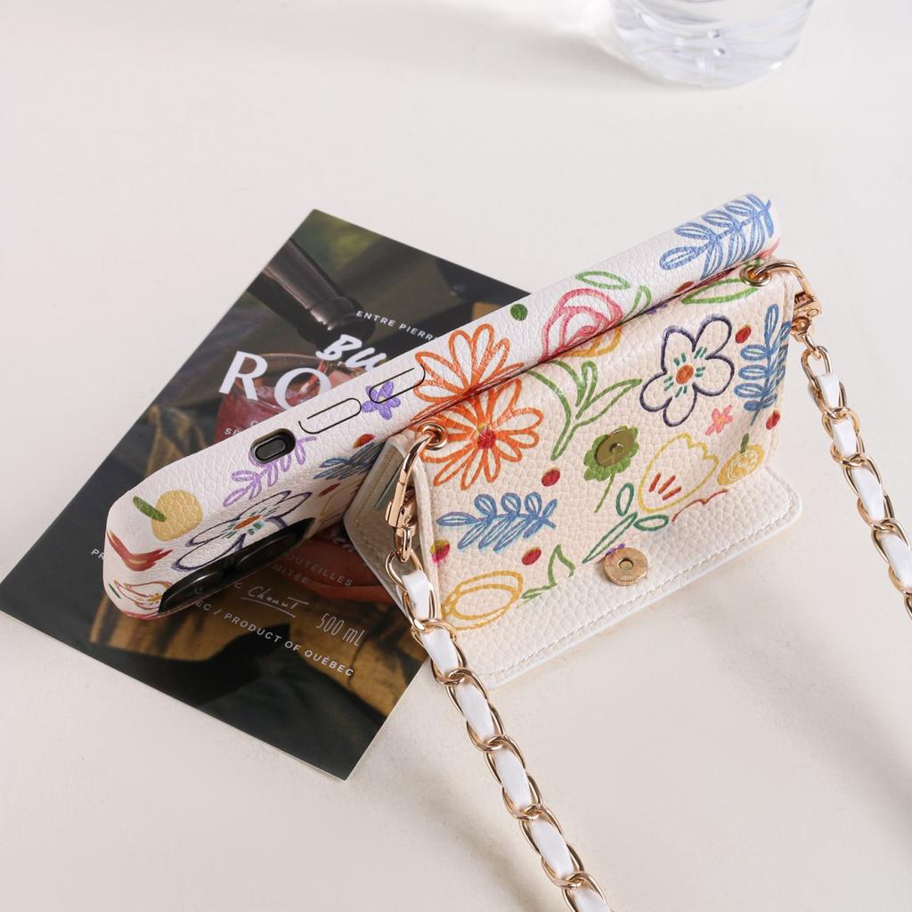 Chic Simple Floral Pattern PU Leather Case for iPhone 16e 11 12 13 14 15 Pro Max Plus Long Lanyard Mirror Card Holder