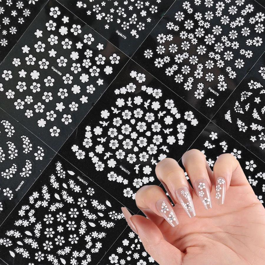 10 Sheets 3D Nail Stickers Set, Self-Adhesive Nail Decals Black White Colorful Nail Art Decorations DIY Manicure Accessories