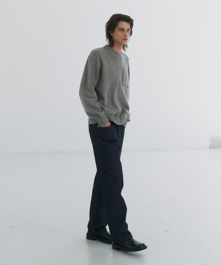 KNITTED Cashmere Wool Pocket Round Knit Grey