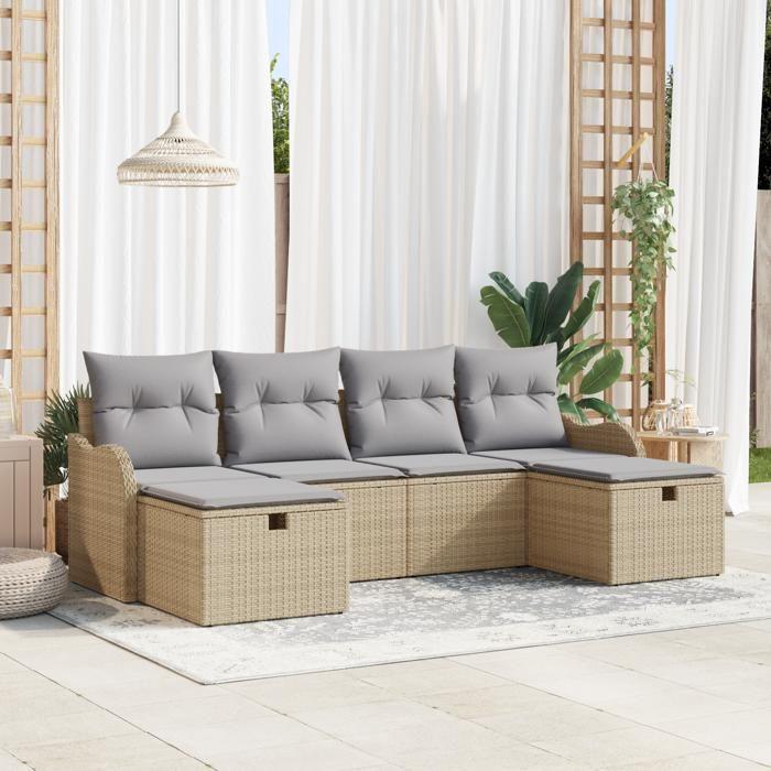 Ensemble de canapés de jardin 6 pièces avec coussins Beige Poly Rotin, Canapé de jardin 2 places avec rangement &amp; coussins 3360351