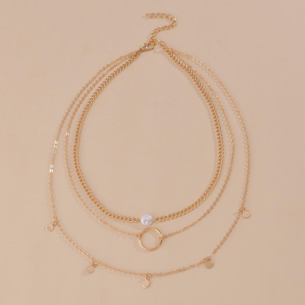 Europe, America, Europe and America Popular Geometric Circle Pearl Rhombus Fringed Women's Multi-layer Metal Necklace