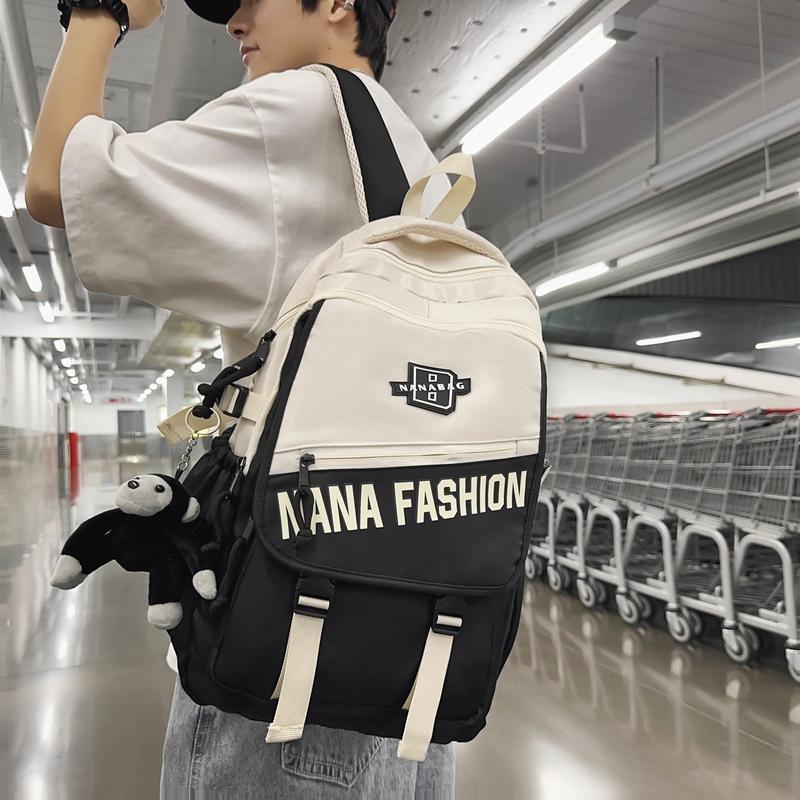 Men Letter Print Backpack Color Block Student Schoolbag Women Large Capacity Backpack