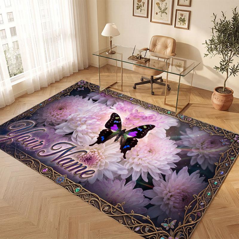 Butterfly Theme Crystal Velvet Floor Rug Personalized Custom Name Text Warm Carpet Home Decoration