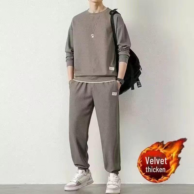 Men's Trendy Autumn/Winter Casual Sports Suit - Waffle Long-Sleeve Top and Versatile Pants Set