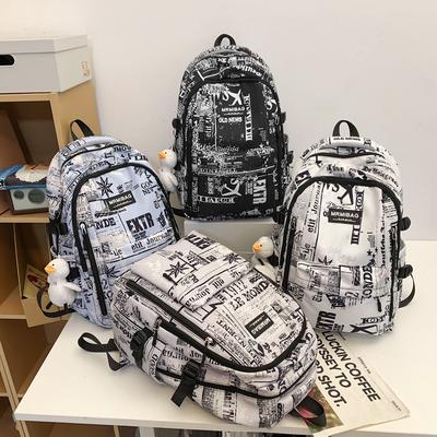 Tide Cool Graffiti Locomotive Gender Neutral Student Schoolbag Junior High School Student Large Capacity Hip Hop Style Backpack