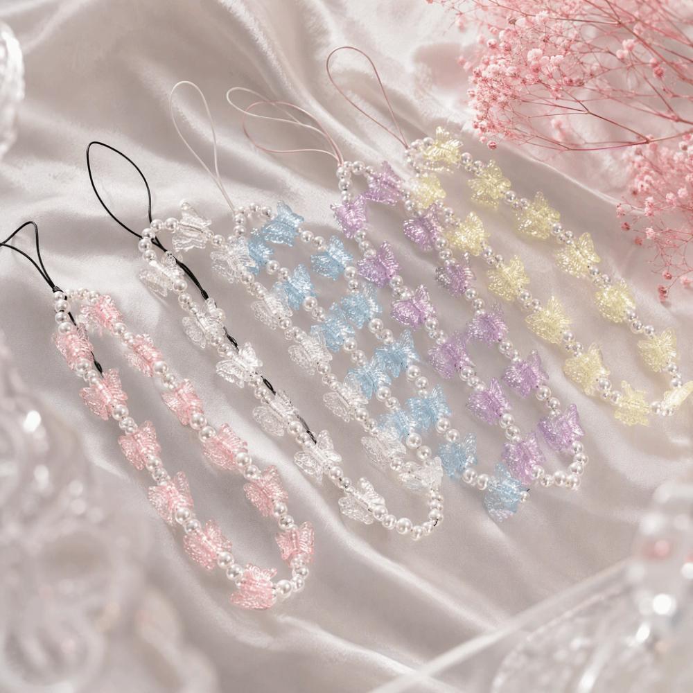 Anti-Lost Design Phone Chain Strap Plastic Pearl Beads Butterfly Phone Charm For All Phone Case