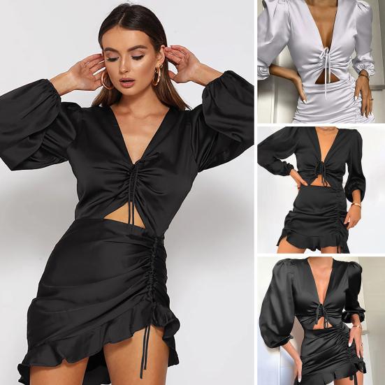 Short Dress Deep V-neck Dressing Up Anti-pilling Stylish Waist Hollow Out Ruched Skinny Dress Streetwear