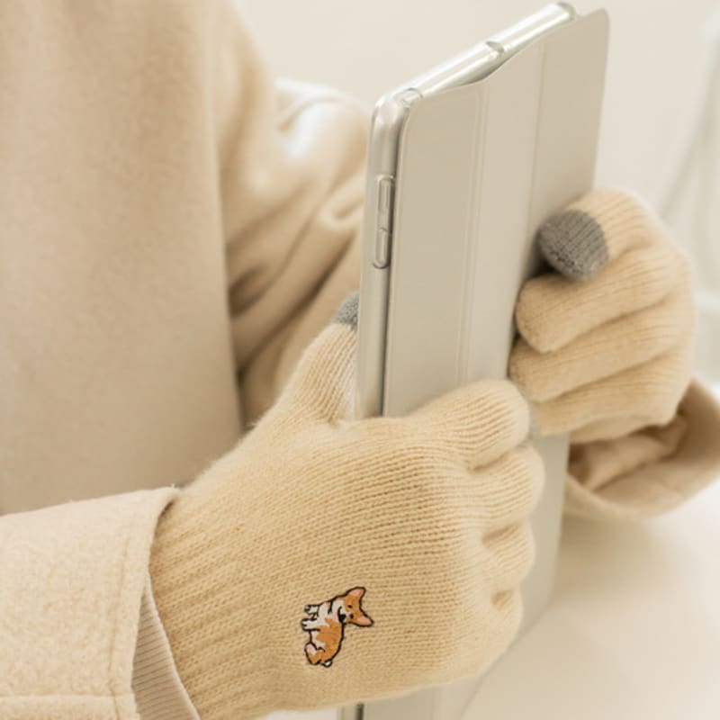 SNOOZY Welsh Corgi Embroidered Wool Knit Gloves In Jinbei