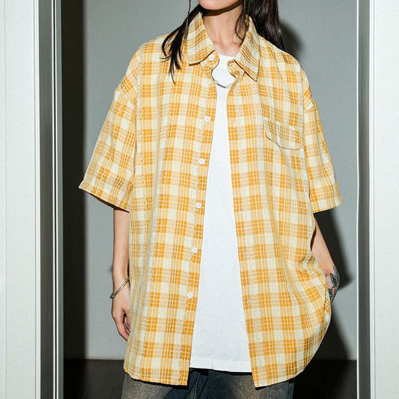 

Унисекс Рубашка с коротким рукавом на пуговицах в клетку в стиле ретро - Повседневный свободный крой для пар M