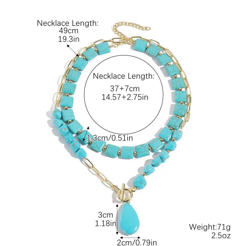 Turquoise Stone Beaded Necklace With Water Drop Pendant Blue Green Beads Layered Look Daily Jewelry For Women Casual Commuter Style 41-50 Cm