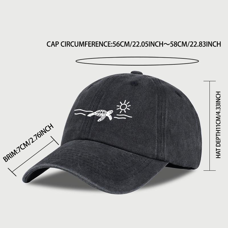 Vintage Washed Baseball Cap with Turtle, Sun, and Wave Print  Unisex Cap Perfect for Beach Vacations, Camping, and Fishing