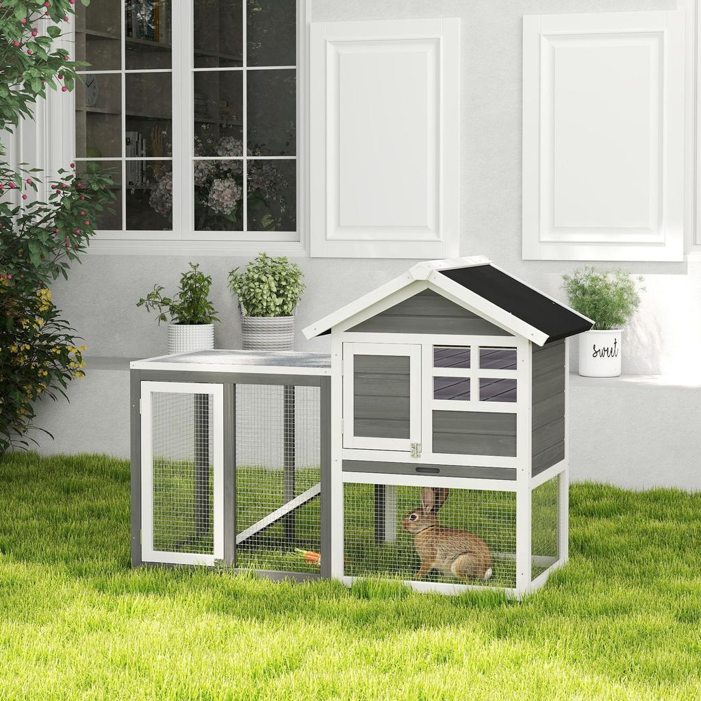 Multi-Equipped Rabbit Hutch Cage: Upper House with Ramp, Droppings Tray, Window + Outdoor Run