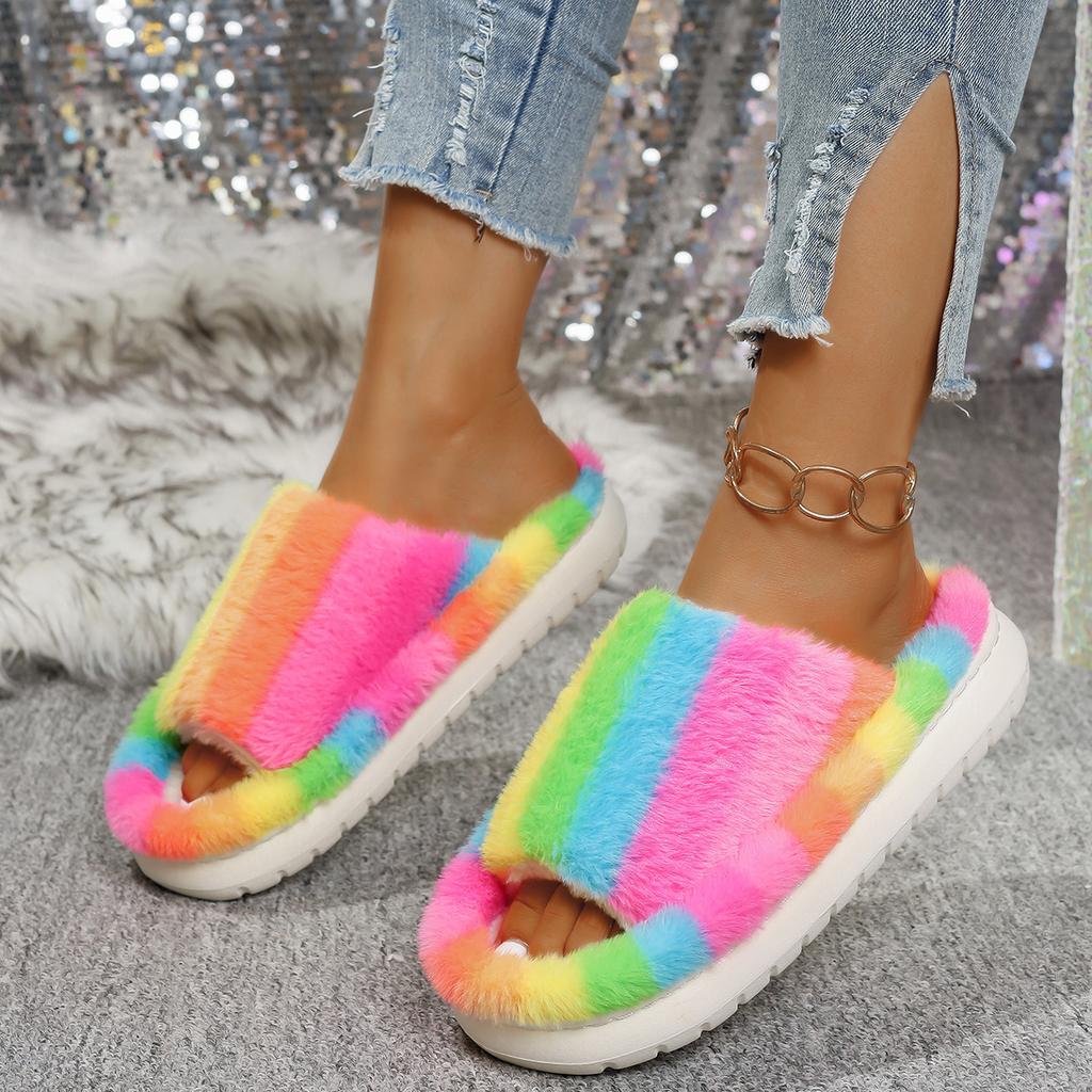 Fashion 2025 New Women Slippers Lightweight Indoor Slides Women Open Toe Flat Heel Warm House Shoes Fashion Mix Color Fur Slippers Women