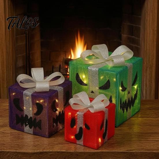 Glowing Night Light Ornaments 3Pcs Lighted Halloween Pumpkin Gift Boxes, Spooky Face Tiered Scene Layouts Presents Box, Warm Holiday Ornament