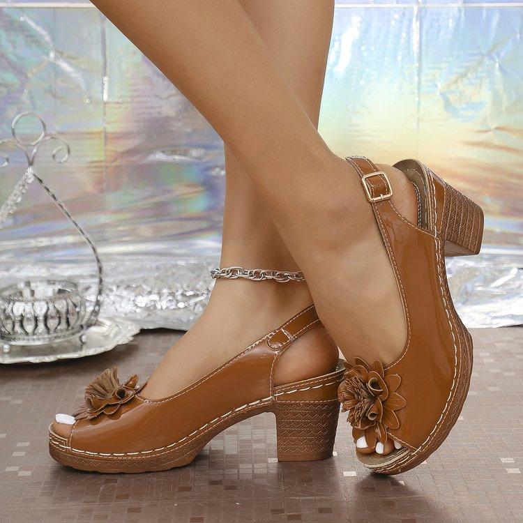 Fashion Roman Style Solid Color Fish Mouth High Heel Sandals for Women Plus Size Summer New Simple and Fashionable with Flowers Sandals