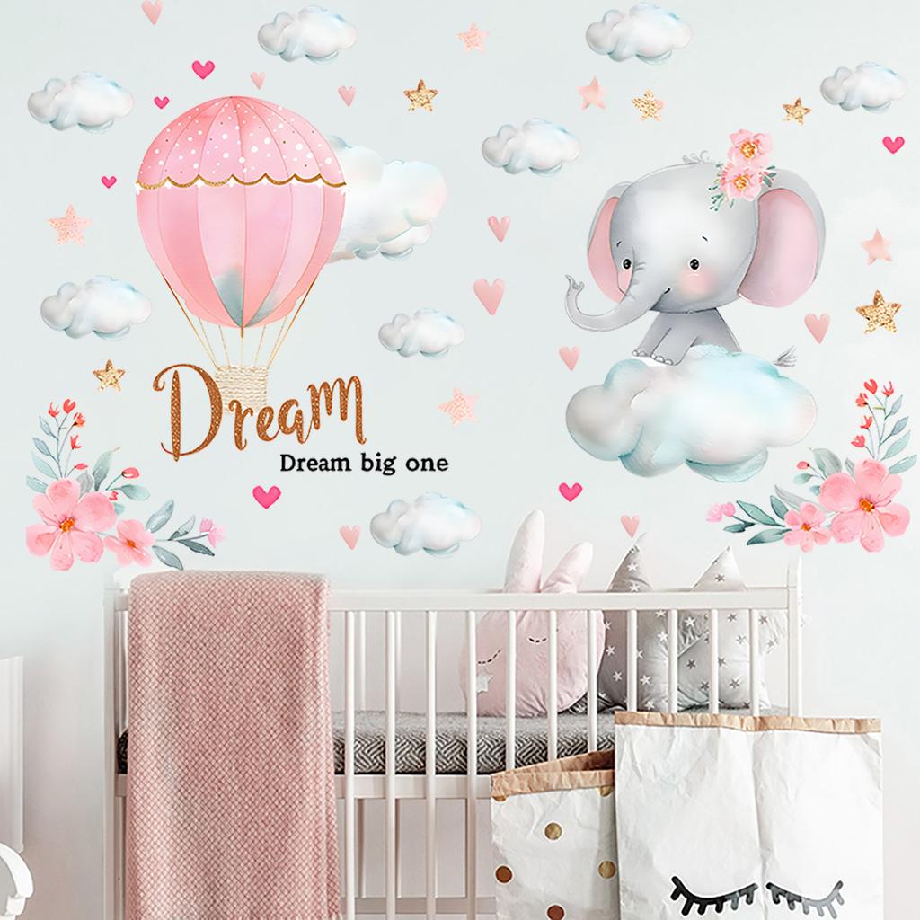 Cute Elephant Hot Air Balloon Clouds Wall Stickers Self-Adhesive for Kids Room Nursery Kindergarten Home Wall Decor