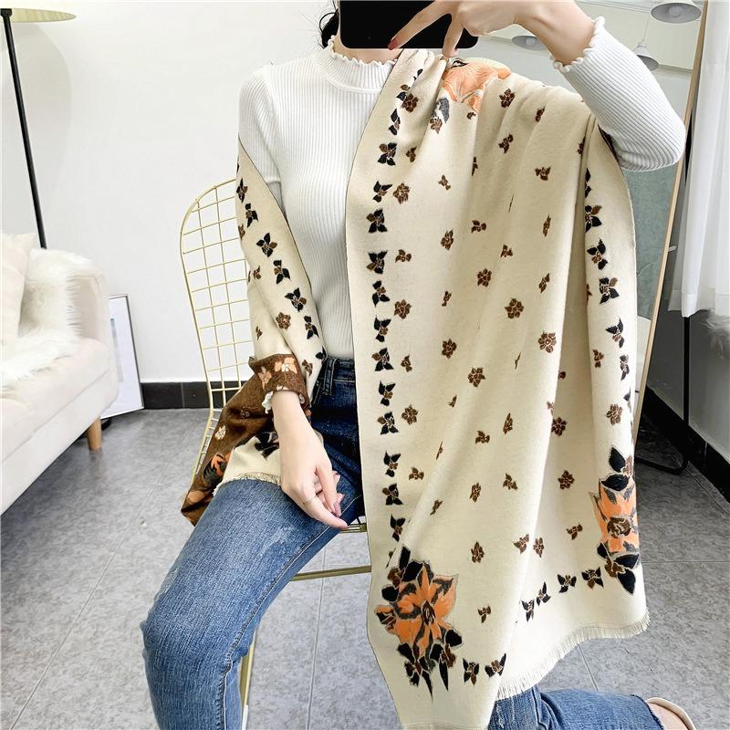 Shawl Women's Winter New Warm Imitation Cashmere Scarf Long Flower Thickened Double-sided Scarf Dual-purpose