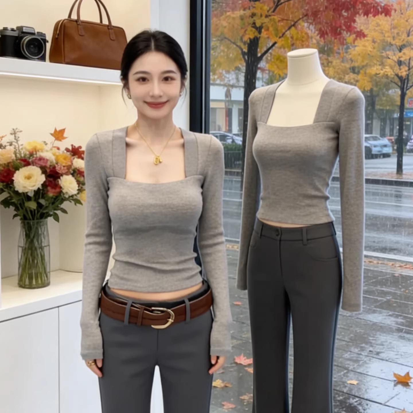 

Pure Desire Sexy Square-Neck Slim Fit Long Sleeve Women s Top - 2026 Spring New Arrival M