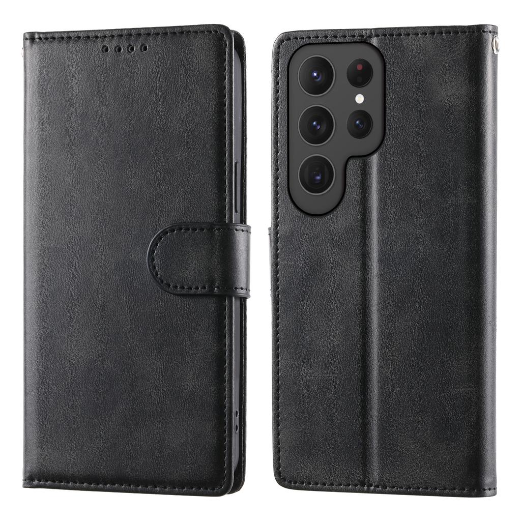 Etui Portfel z Podstawką na Samsung Galaxy S25 Ultra, Tekstura Skóry Cielęcej, PU Skóra, Klapka z Paskiem na Nadgarstek