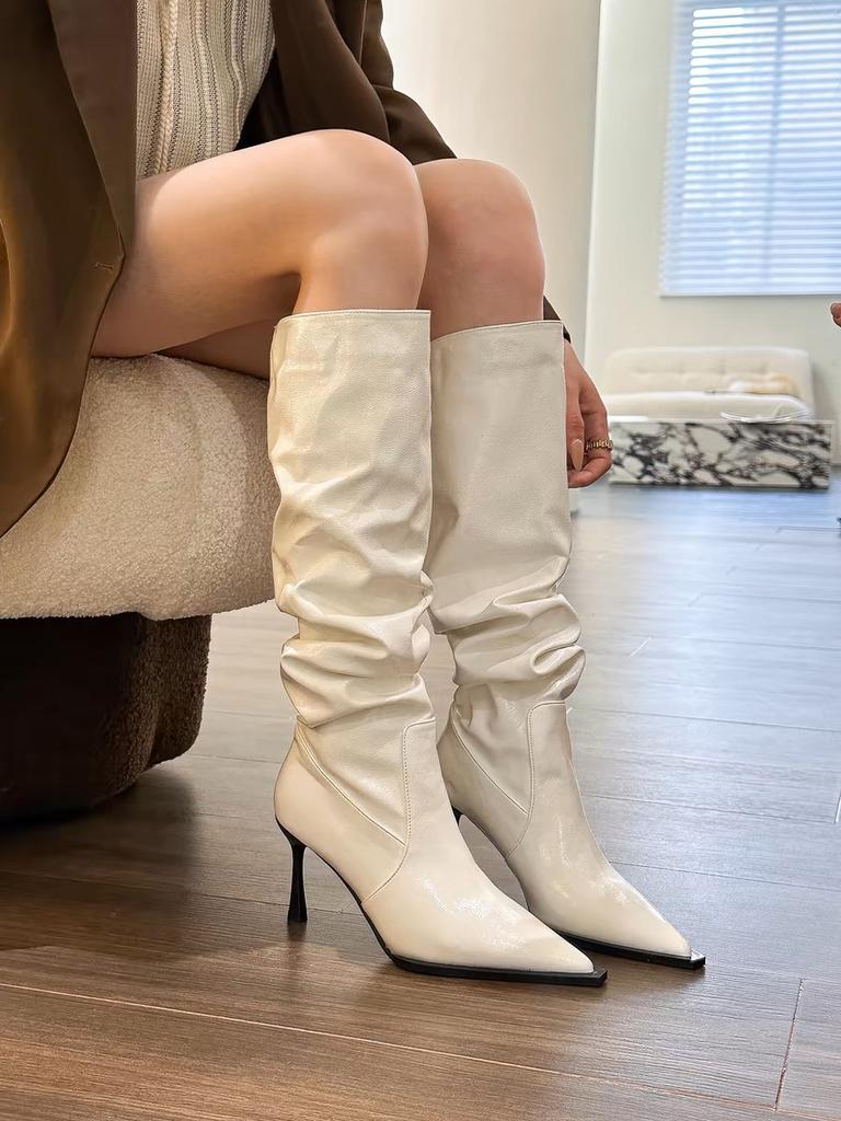 Fashion Over-the-knee Boots Women Fashion Pointed Toe Black Side Zipper Thin High Heels Female Shiny Pleated High Heel Botas 2024