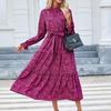 Rose Red Spring Women's Fashion Printed Collar Ruffled Long Sleeve Lace-up Waisted Dress