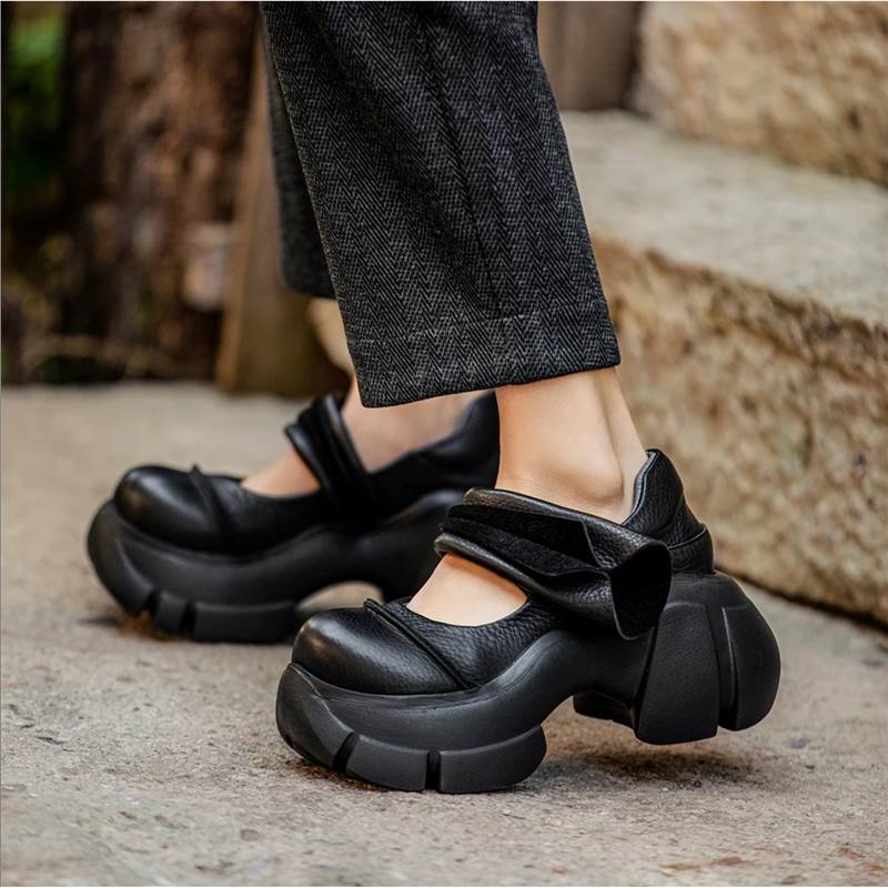 

Velcro 2025 new platform muffin shoes women s retro British style small leather shoes versatile casual shoes 40 чёрный