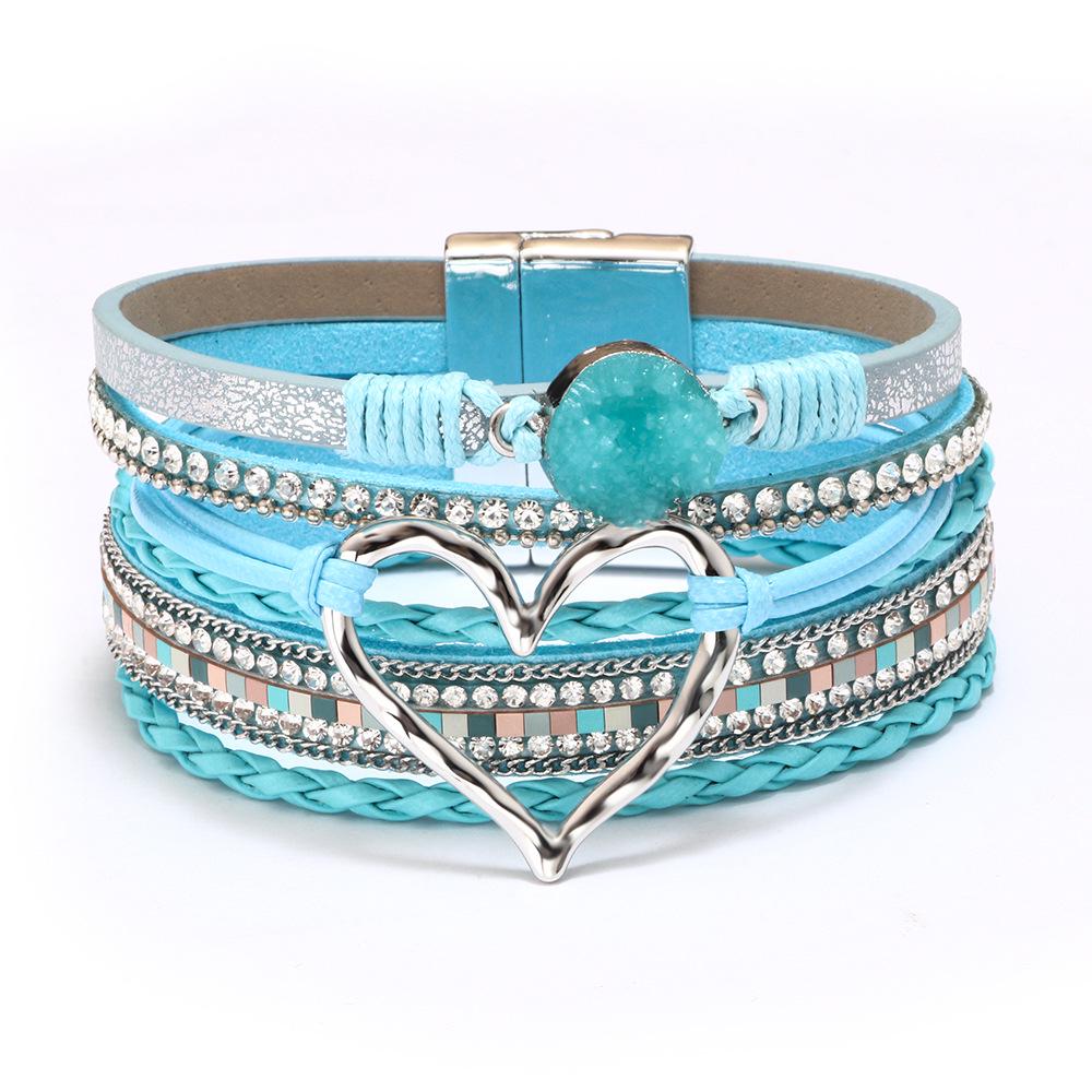 

Bohemian Heart Rhinestone Magnetic Clasp Faux Leather Bracelet for Women синій