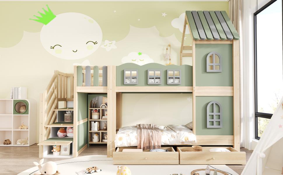 Kinderhochbett 90 x 200 cm, Wolkenförmige Bettgitter, Dach mit Fenstern, Stauraumleiter, Regale, Schubladen, Doppelbett aus Holz für Jungen, Mädchen, Grün