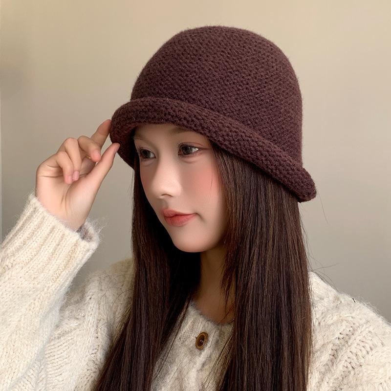 Korean style Chunky Knitted Fisherman's Hat Women's Autumn and Winter Warm Ear Protecting Woolen Hat Big Head Scarf To Show Off Face Small Basin Hat