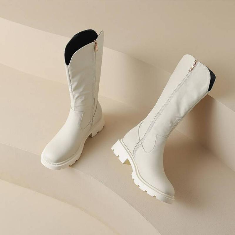 Autumn and Winter Round Head Medium Heel Large Size Fashion Boots Women's Square Heel Solid Color Side Zipper Thick Bottom Non-slip New Round H