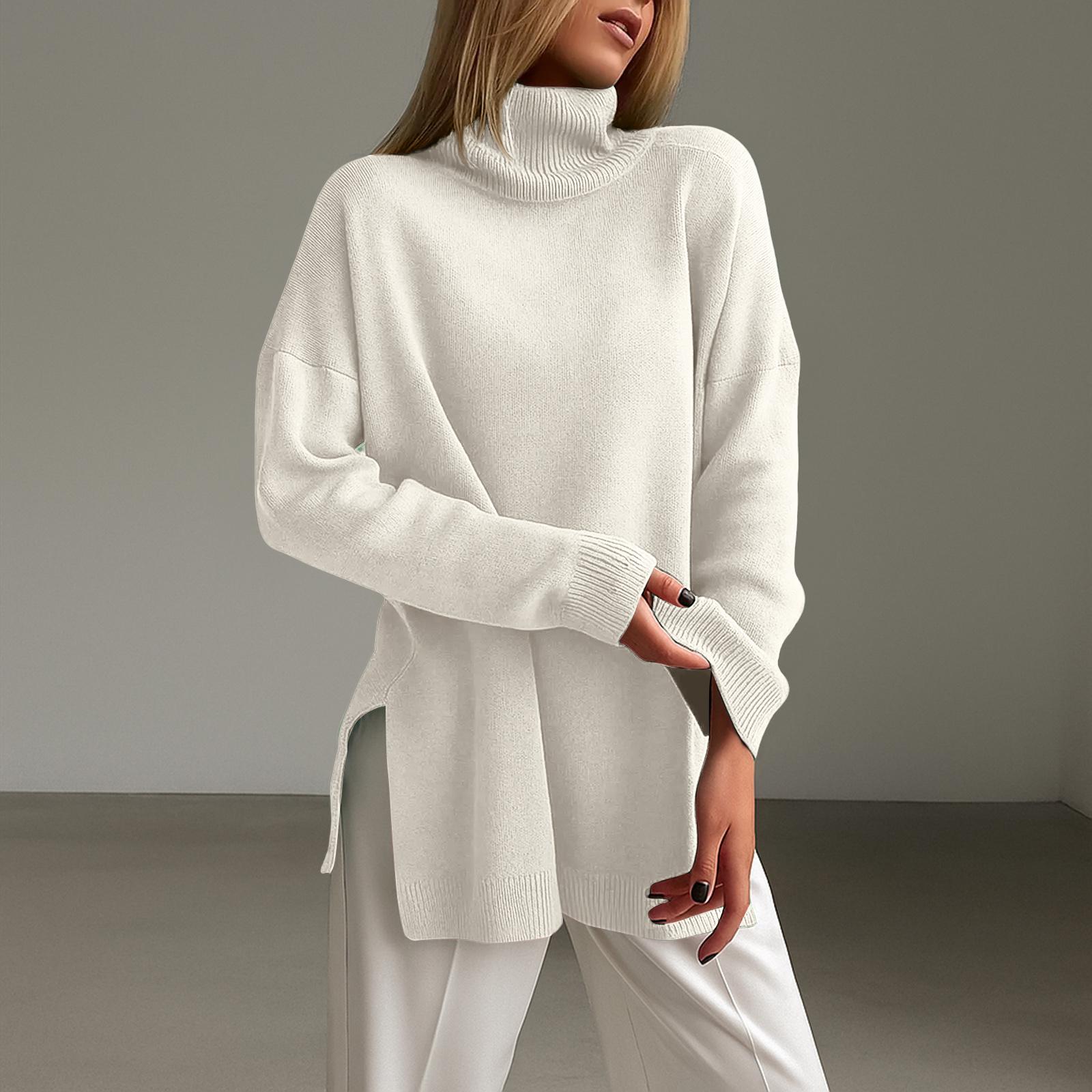 

Женская мода повседневный однотонный свитер с высоким воротником и разрезом на подоле с длинными рукавами L белый