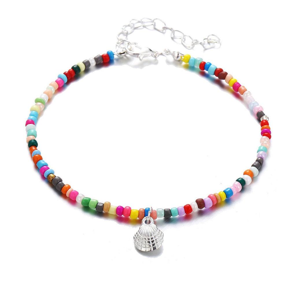 Bohemian Colorful Beaded Anklet with Retro Alloy Scallop Pendant
