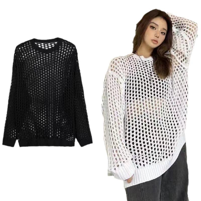 2025 Women's Korean Knit Hollow-Out Sun Protection Cardigan - Summer Thin, Loose Long-Sleeve Design