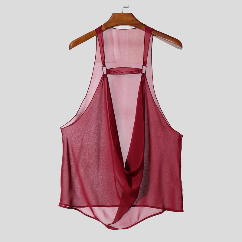 INCERUN Ανδρικά Αμάνικα Διάφανα Διχτυωτά Τοπ Τανκ με Λουράκια και Κολάρο Ζιβάγκο για Πάρτι και Κλαμπ