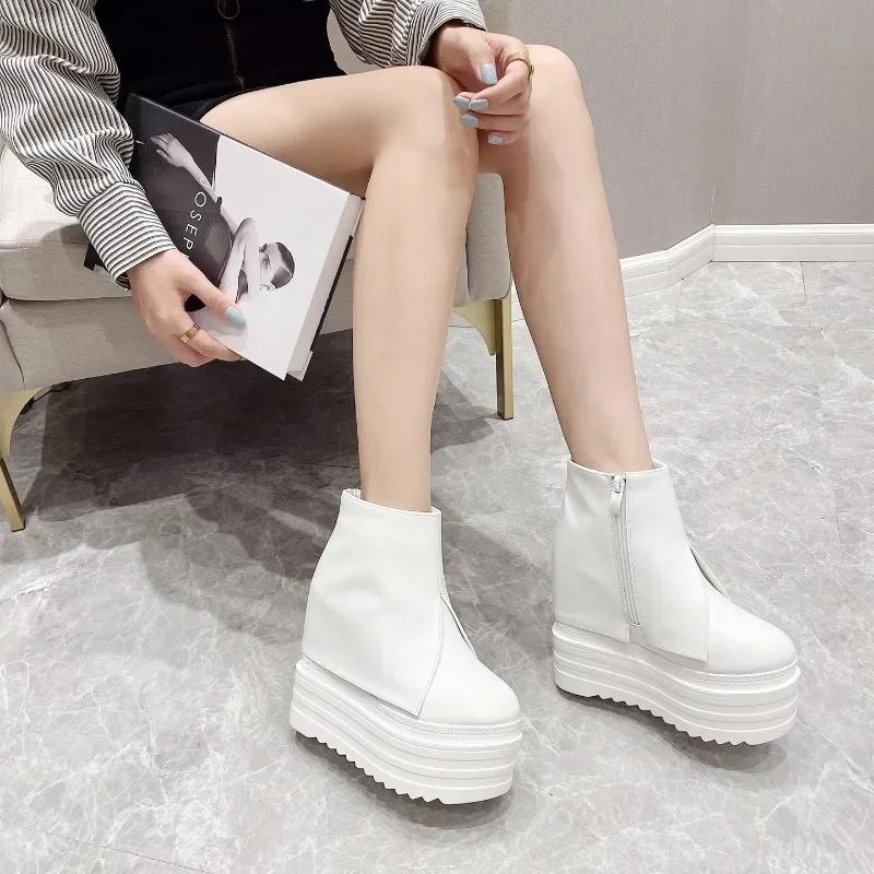 Women's Platform Ankle Boots Wedges Super High Heel Boots 14CM Spring Autumn Thick Bottom White Women's Shoes Casual Short Botas