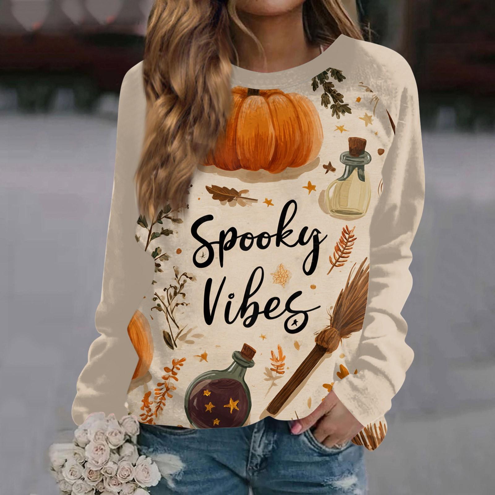 

Женская мода повседневная длинная рукава Хэллоуин принтованный круглый вырез свитер Топ M