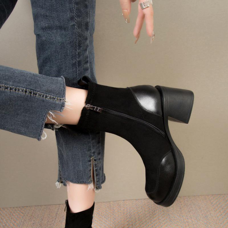 Short Shoes for Woman Black Women's Ankle Boots Sock Footwear Combat Booties Very High Heels Suede Punk Style Heeled Autumn Boot