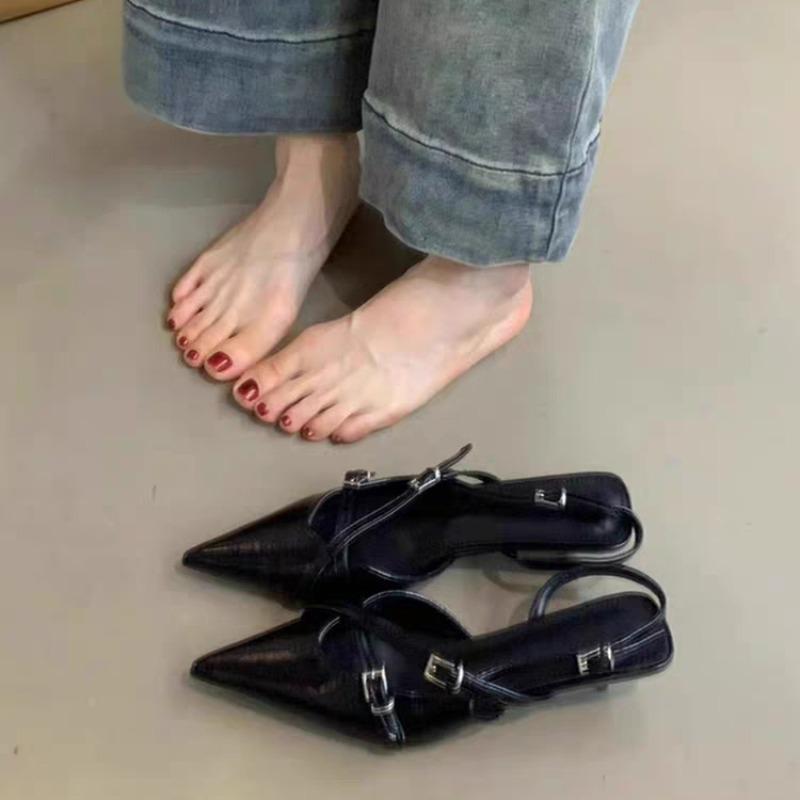 Summer new Baotou sandals women's pointed head shallow mouth metal buckle soft sole anti-slip wear-resistant low heel shoes